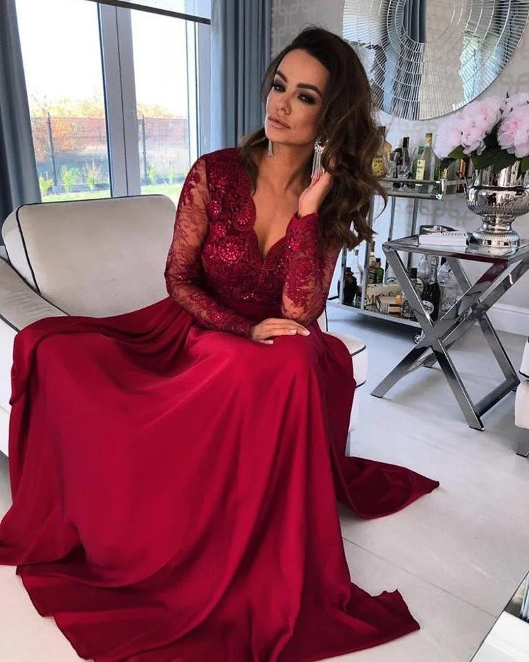 Long Sleeves V-Neck Lace Evening Party Gowns With Slit-BallBride