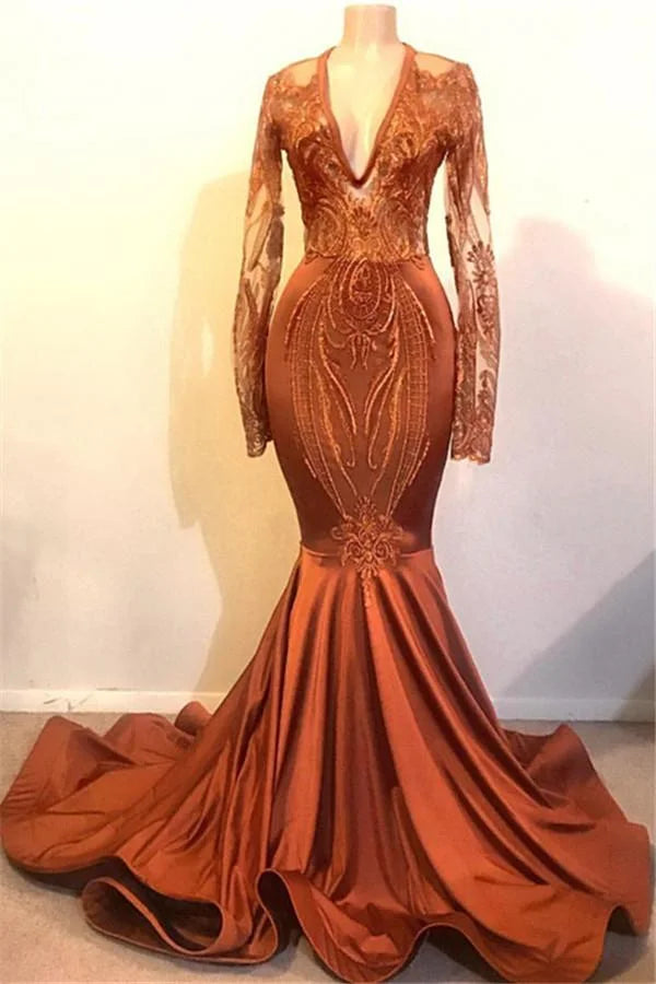 Long Sleeves V-Neck Prom Dress Mermaid Long Evening Gown-BallBride