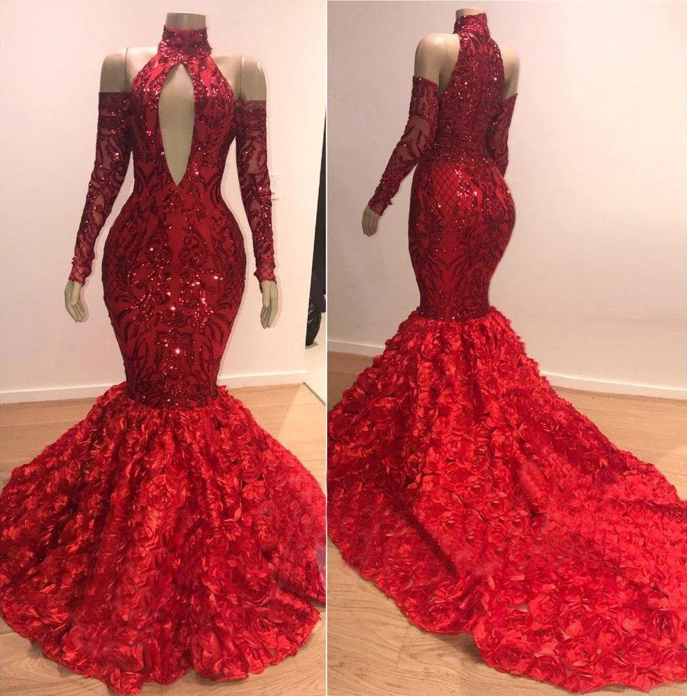 Long Sleevess Sequins Prom Dress Mermaid Flowers Evening Gowns-BallBride