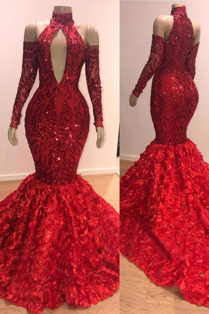 Long Sleevess Sequins Prom Dress Mermaid Flowers Evening Gowns-BallBride