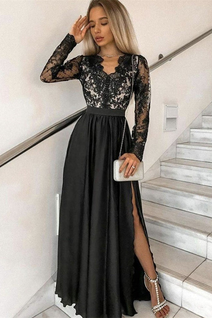 Long Sleevs Split Prom Black Dress-Prom Dresses-BallBride