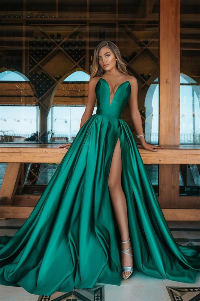 Long V-Neck Emerald Green Prom Dress with Split-BallBride