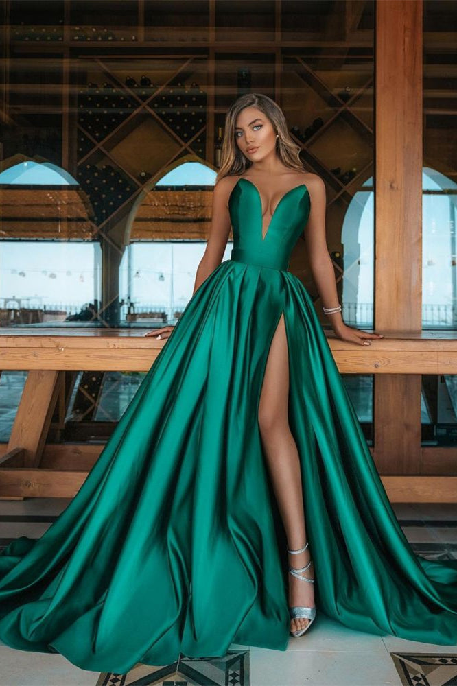 Long V-Neck Emerald Green Prom Dress with Split-BallBride