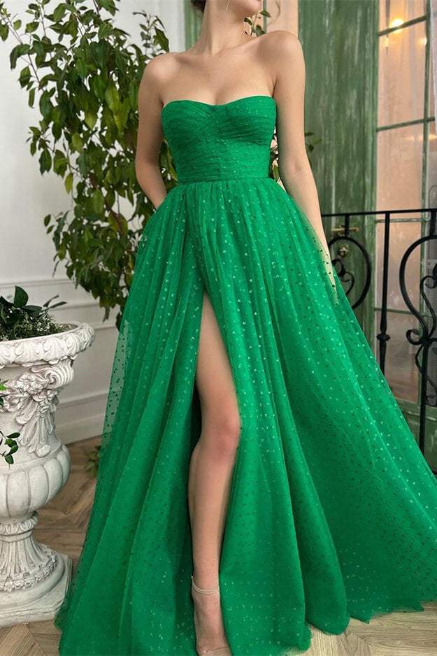 Look Amazing in Green Tulle Evening Gowns With Slit Online-Occasion Dress-BallBride