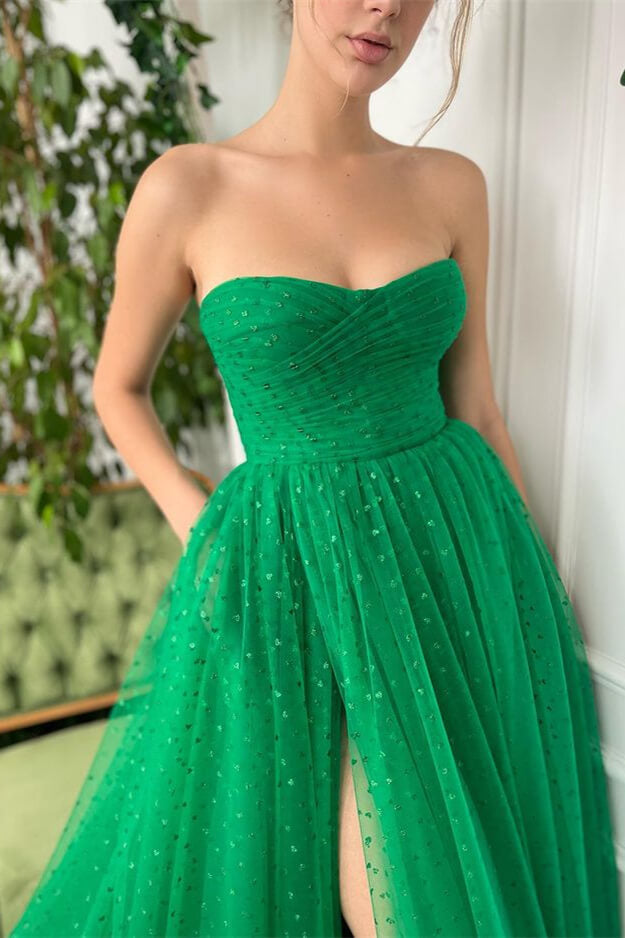 Look Amazing in Green Tulle Evening Gowns With Slit Online-Occasion Dress-BallBride