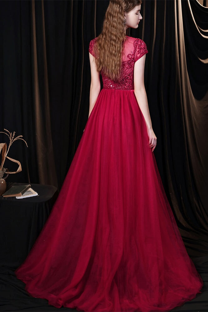Look Amazing in this Burgundy Cap Sleeves Tulle Evening Gown with Beadings-Occasion Dress-BallBride