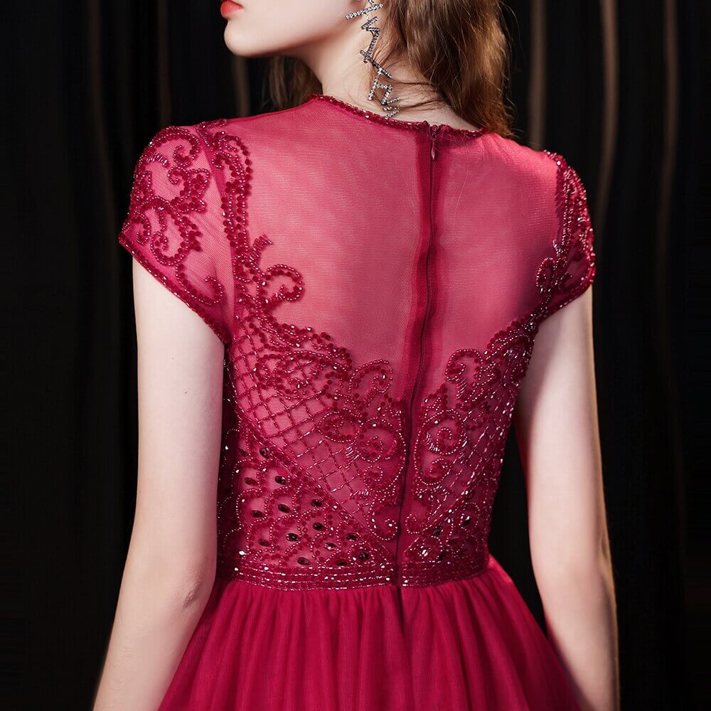 Look Amazing in this Burgundy Cap Sleeves Tulle Evening Gown with Beadings-Occasion Dress-BallBride