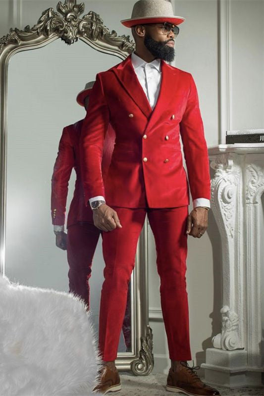 Look Dapper in this Bespoke Double Breasted Prince Suit with Red Velvet Peaked Lapel-Prom Suits-BallBride