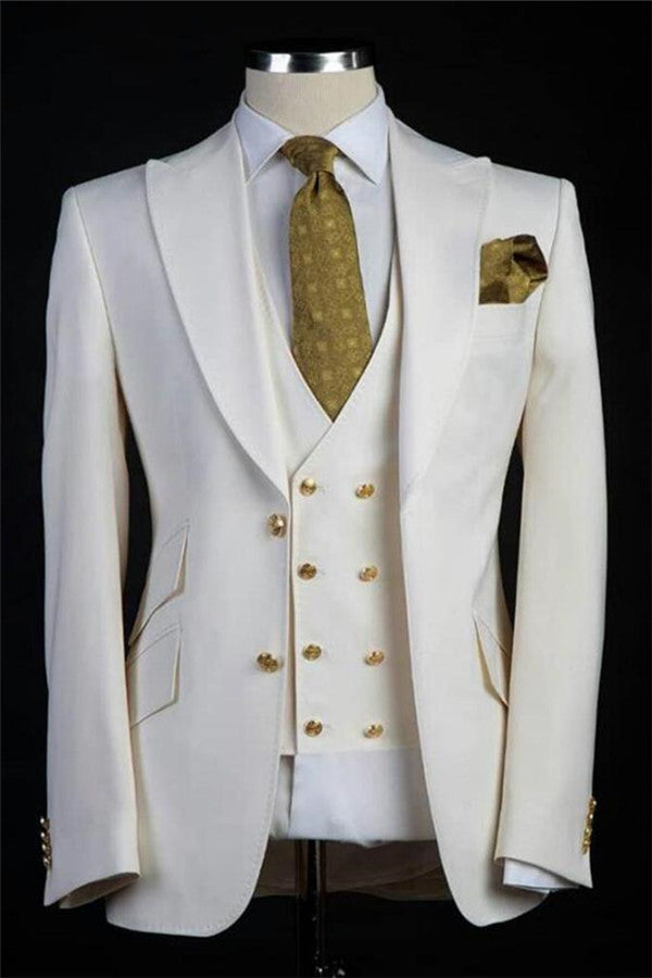 Look Dapper in White Gold Buttons Wedding Suits For Men's Party-Wedding Suits-BallBride