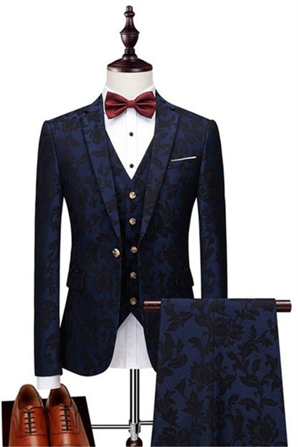 Look Dashing in Hot Selling Men's Three-Piece Navy Blue Jacquard Groomsmen Outfit-Business & Formal Suits-BallBride