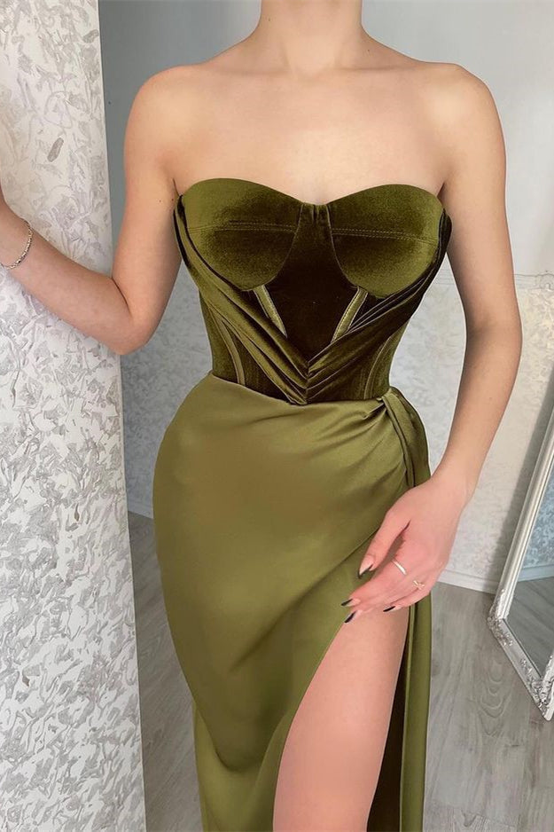 Look Elegant in Strapless Mermaid Evening Dress With Split Olive Green-BallBride