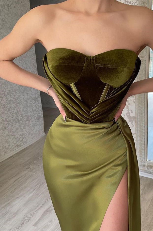 Look Elegant in Strapless Mermaid Evening Dress With Split Olive Green-BallBride