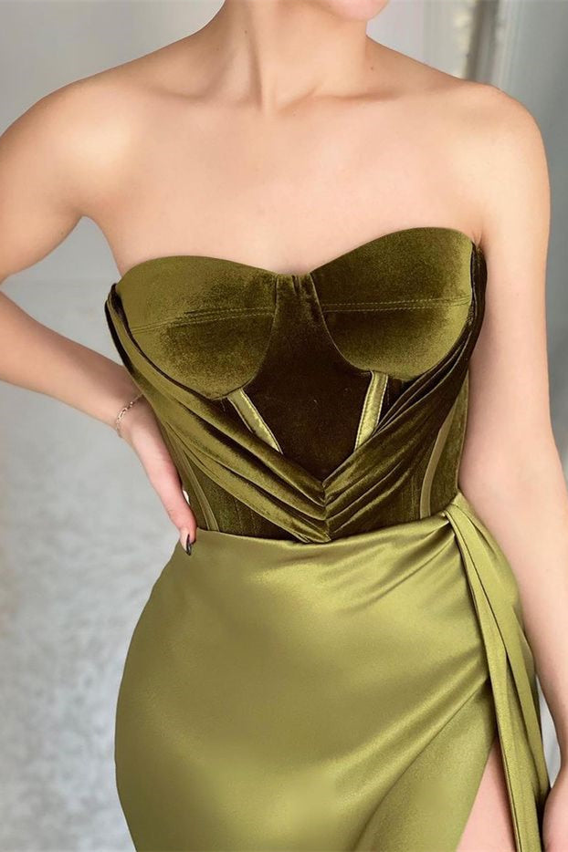 Look Elegant in Strapless Mermaid Evening Dress With Split Olive Green-BallBride