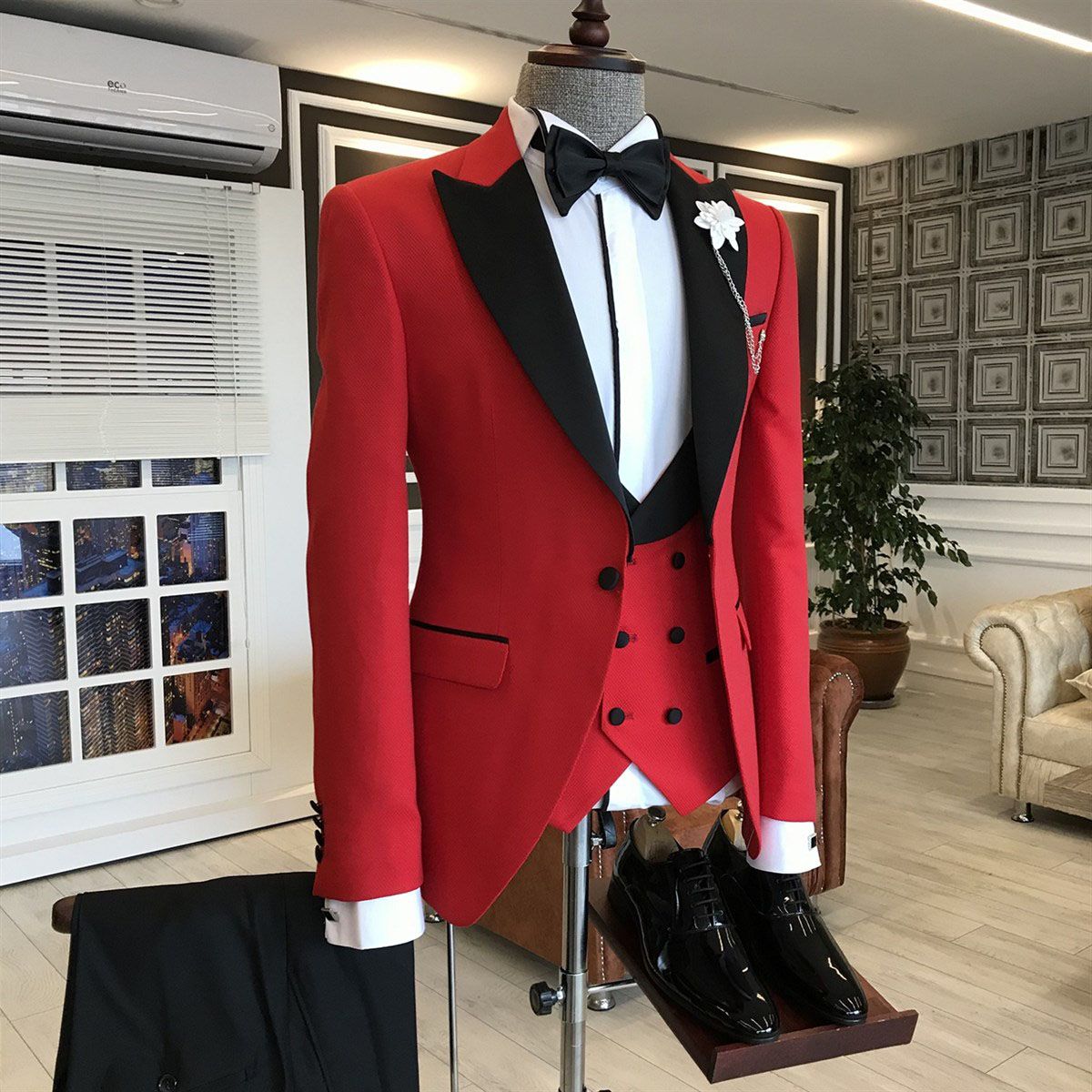 Look Sharp in the Popular Red Three Pieces Mens Wedding Suit with Black Peaked Lapel-Prom Suits-BallBride