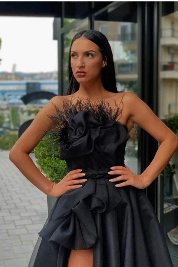 Look Stunning in a Long Black Prom Dress Split with Feathers-BallBride