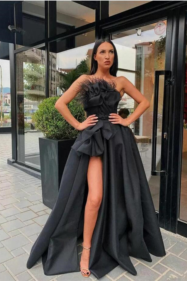 Look Stunning in a Long Black Prom Dress Split with Feathers-BallBride