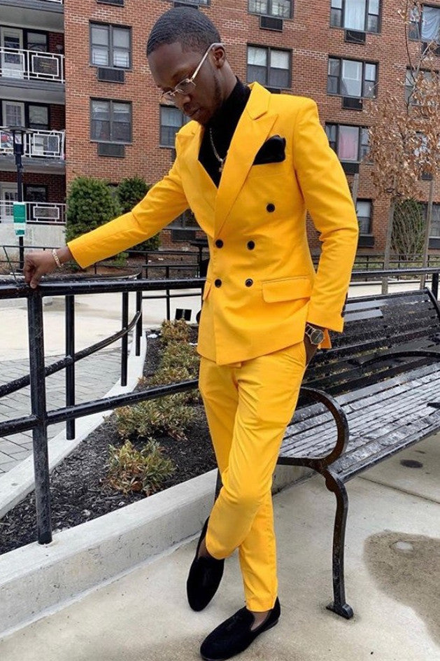 Look Stunning in New Arrive Double Breasted Yellow Best Wedding Suit for Groom With Peaked Lapel-Prom Suits-BallBride