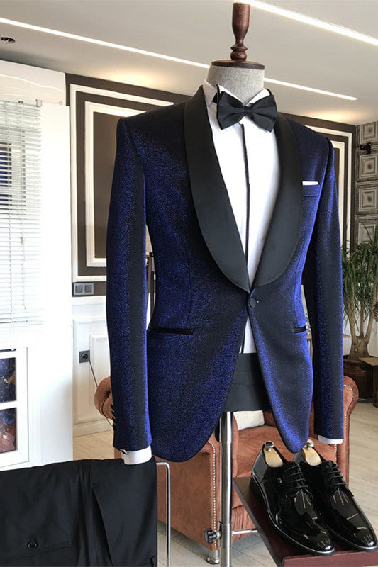 Luciano Navy Blue Sparkly Shawl Lapel Wedding Suits with Black Lapel-Wedding Suits-BallBride