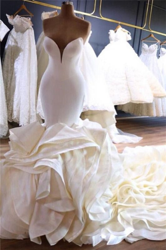 Luxurious Deep V-Neck Sleeveless Mermaid Wedding Dress-Wedding Dresses-BallBride