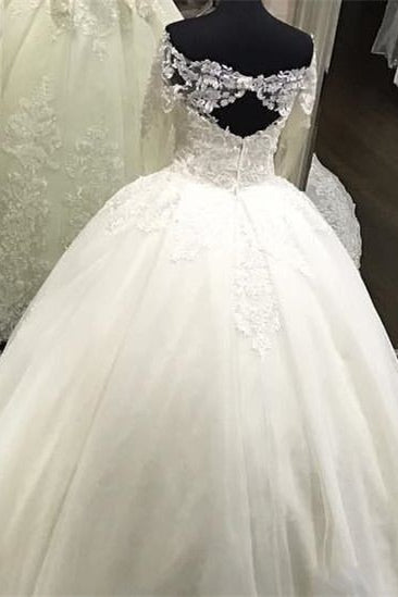 Luxurious Off-the-Shoulder Ball Gown Wedding Dress with Lace Appliques & Long Sleeves-Wedding Dresses-BallBride