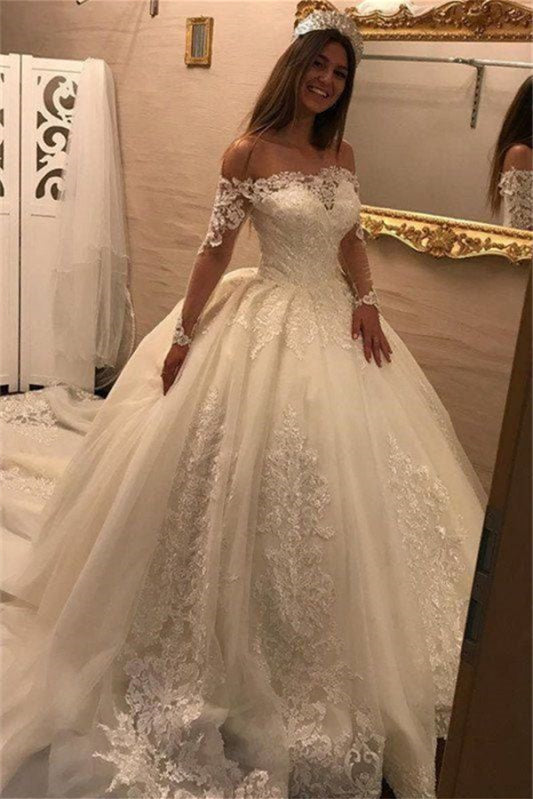 Luxurious Off-the-Shoulder Ball Gown Wedding Dress with Lace Appliques & Long Sleeves-Wedding Dresses-BallBride