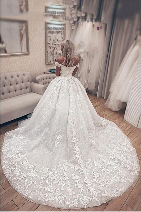 Luxury A-Line Lace Off Shoulder Wedding Dress-Wedding Dresses-BallBride