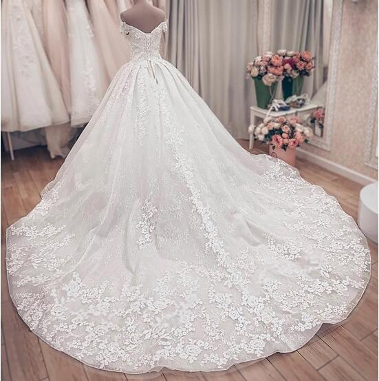 Luxury A-Line Lace Off Shoulder Wedding Dress-Wedding Dresses-BallBride