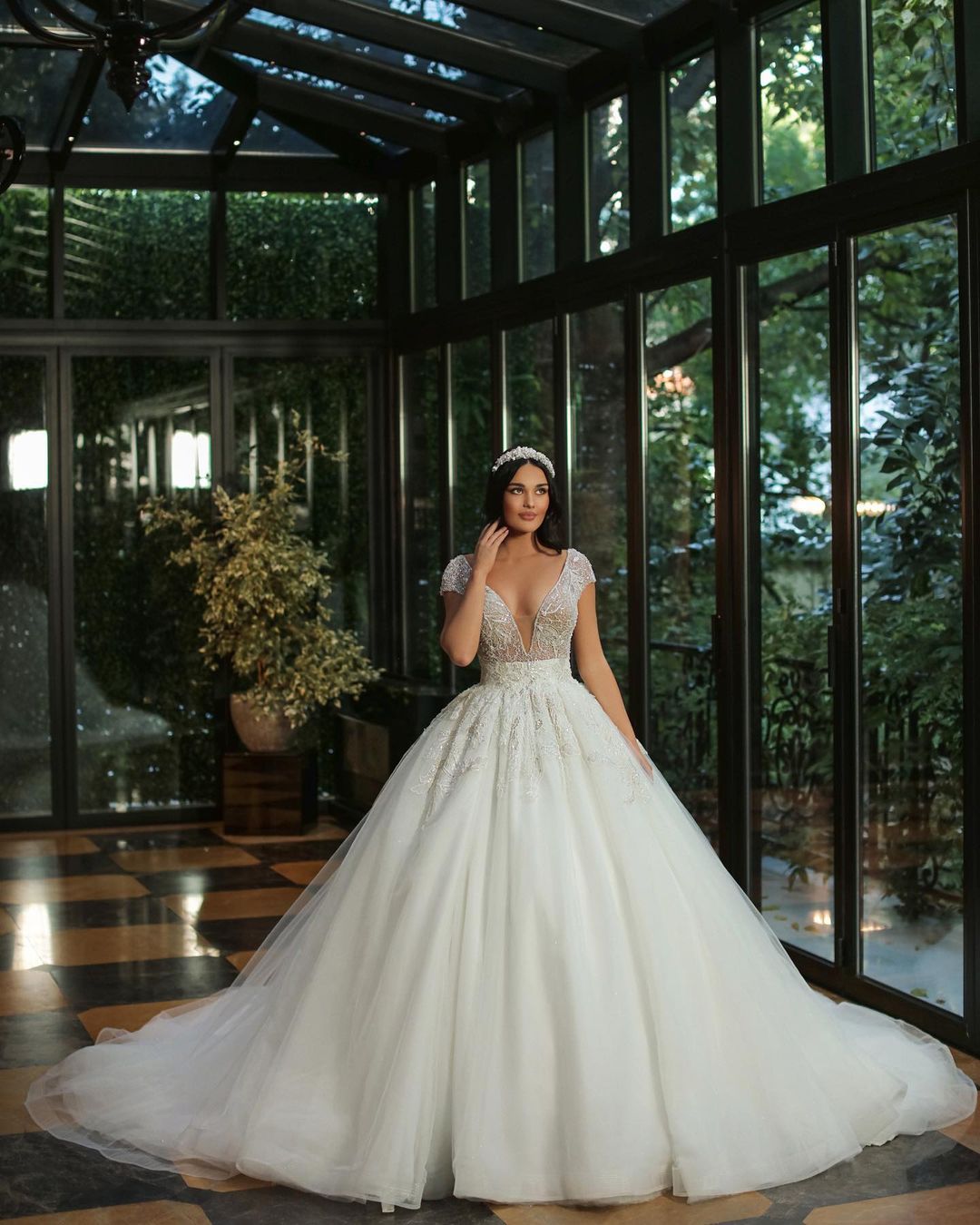 Luxury A-line V-neck Cap Sleeves Wedding Dress with Beads and Tulle-Wedding Dresses-BallBride