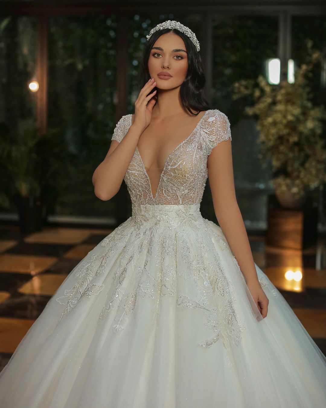 Luxury A-line V-neck Cap Sleeves Wedding Dress with Beads and Tulle-Wedding Dresses-BallBride