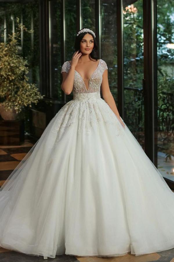 Luxury A-line V-neck Cap Sleeves Wedding Dress with Beads and Tulle-Wedding Dresses-BallBride