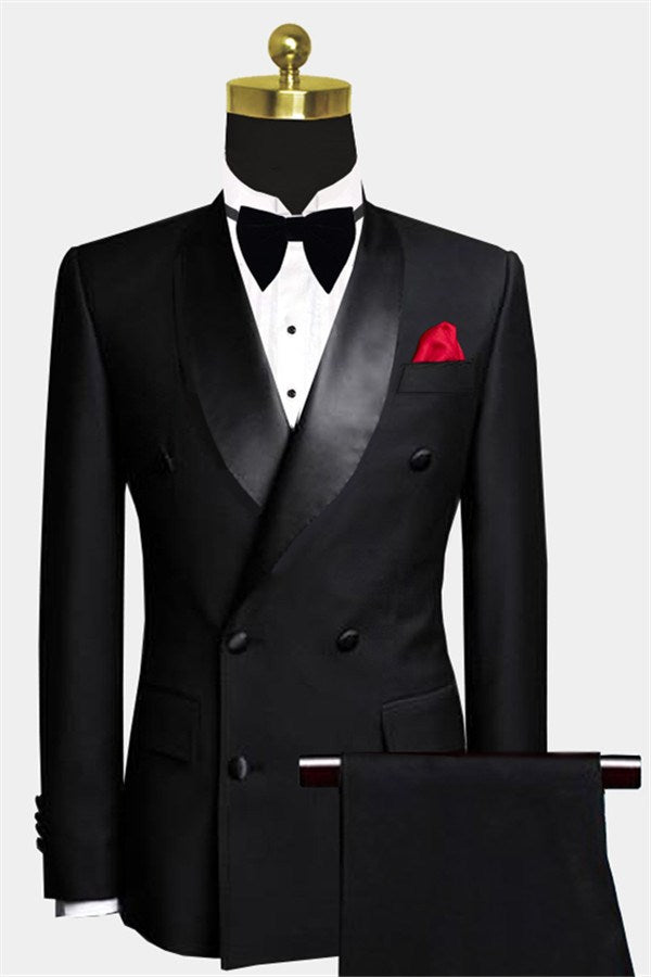 Luxury Black Double Breasted 2 Piece Wedding Tuxedo-Wedding Suits-BallBride