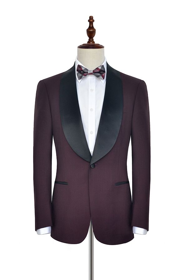 Luxury Black Shawl Collar One Button Burgundy Wedding Suit for Men-Wedding Suits-BallBride