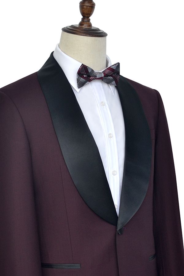 Luxury Black Shawl Collar One Button Burgundy Wedding Suit for Men-Wedding Suits-BallBride