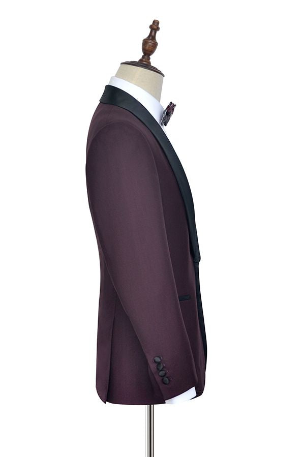 Luxury Black Shawl Collar One Button Burgundy Wedding Suit for Men-Wedding Suits-BallBride