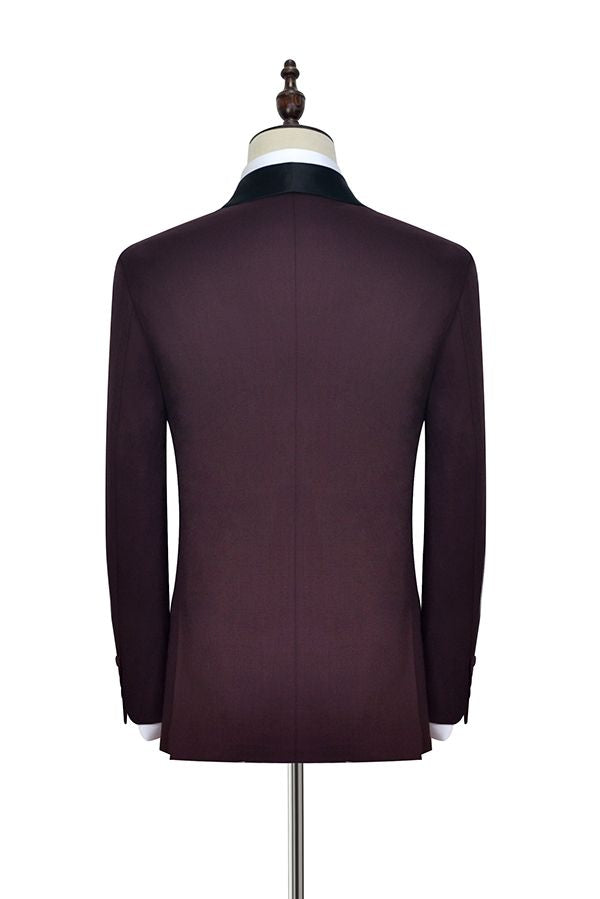 Luxury Black Shawl Collar One Button Burgundy Wedding Suit for Men-Wedding Suits-BallBride