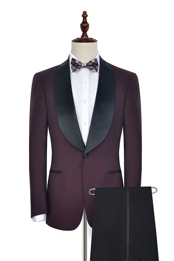 Luxury Black Shawl Collar One Button Burgundy Wedding Suit for Men-Wedding Suits-BallBride