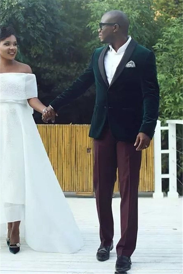 Luxury Dark Green Velvet Shawl Lapel Wedding Suits for Men-Wedding Suits-BallBride