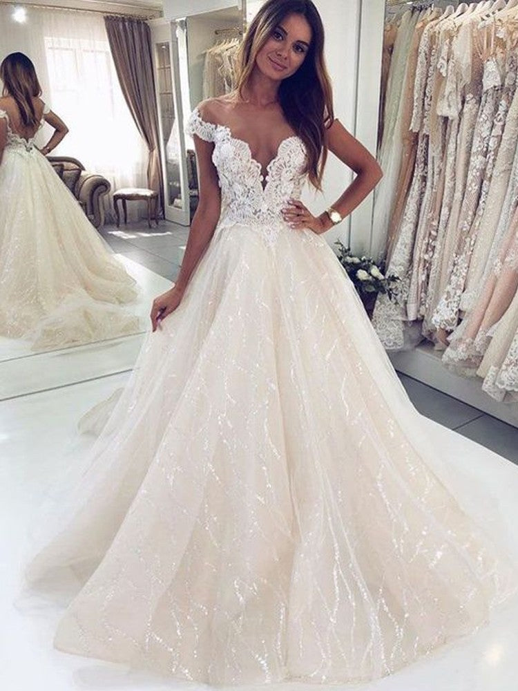 Luxury Long A-line Tulle Open Back Wedding Dress With Off-the-shoulder-Wedding Dresses-BallBride