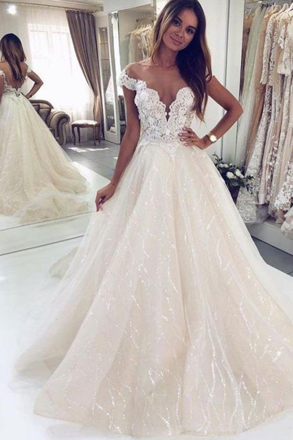 Luxury Long A-line Tulle Open Back Wedding Dress With Off-the-shoulder-Wedding Dresses-BallBride