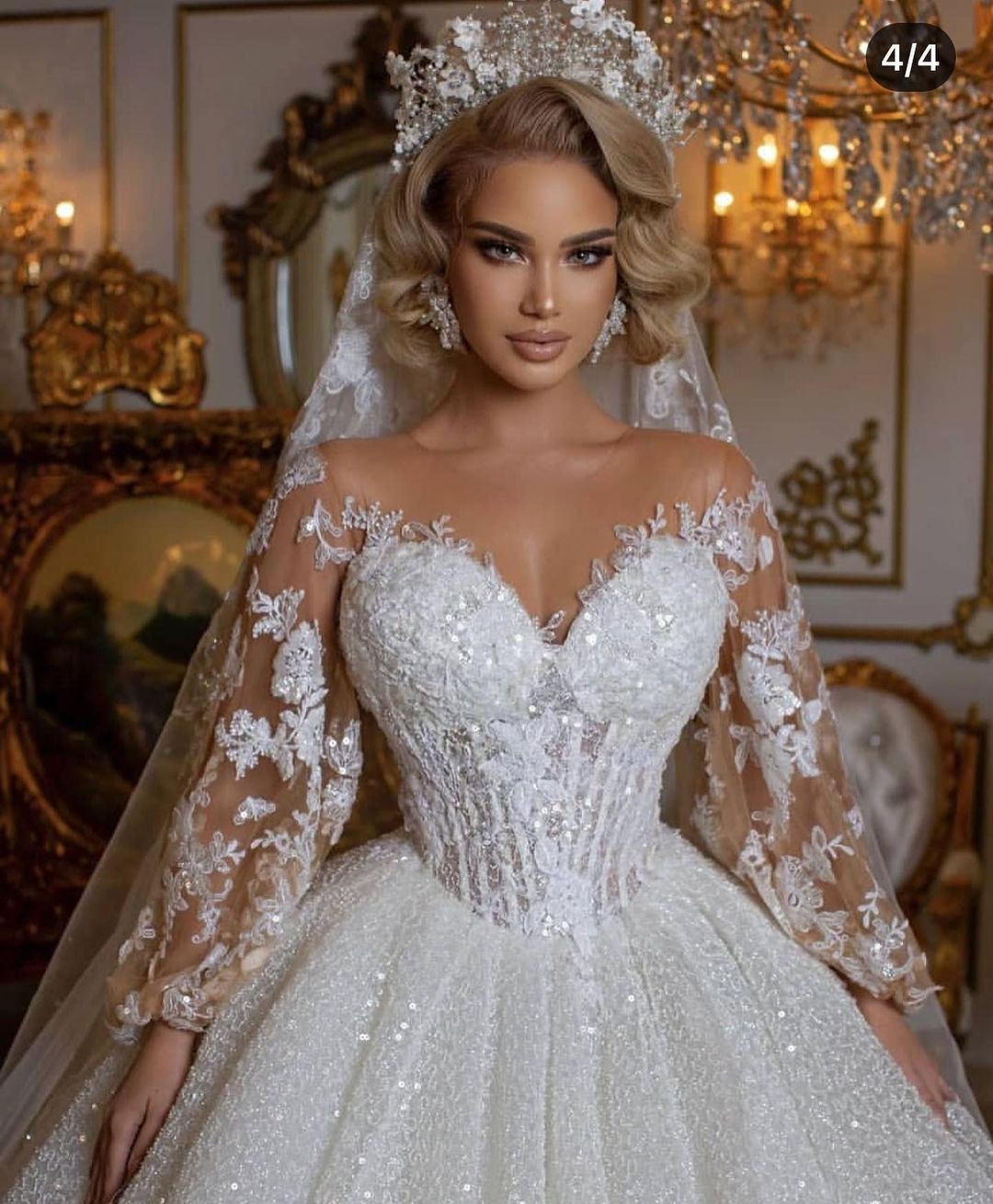 Luxury Long Ball Gown Wedding Dress With Puffy Sleeves and Appliques-Wedding Dresses-BallBride
