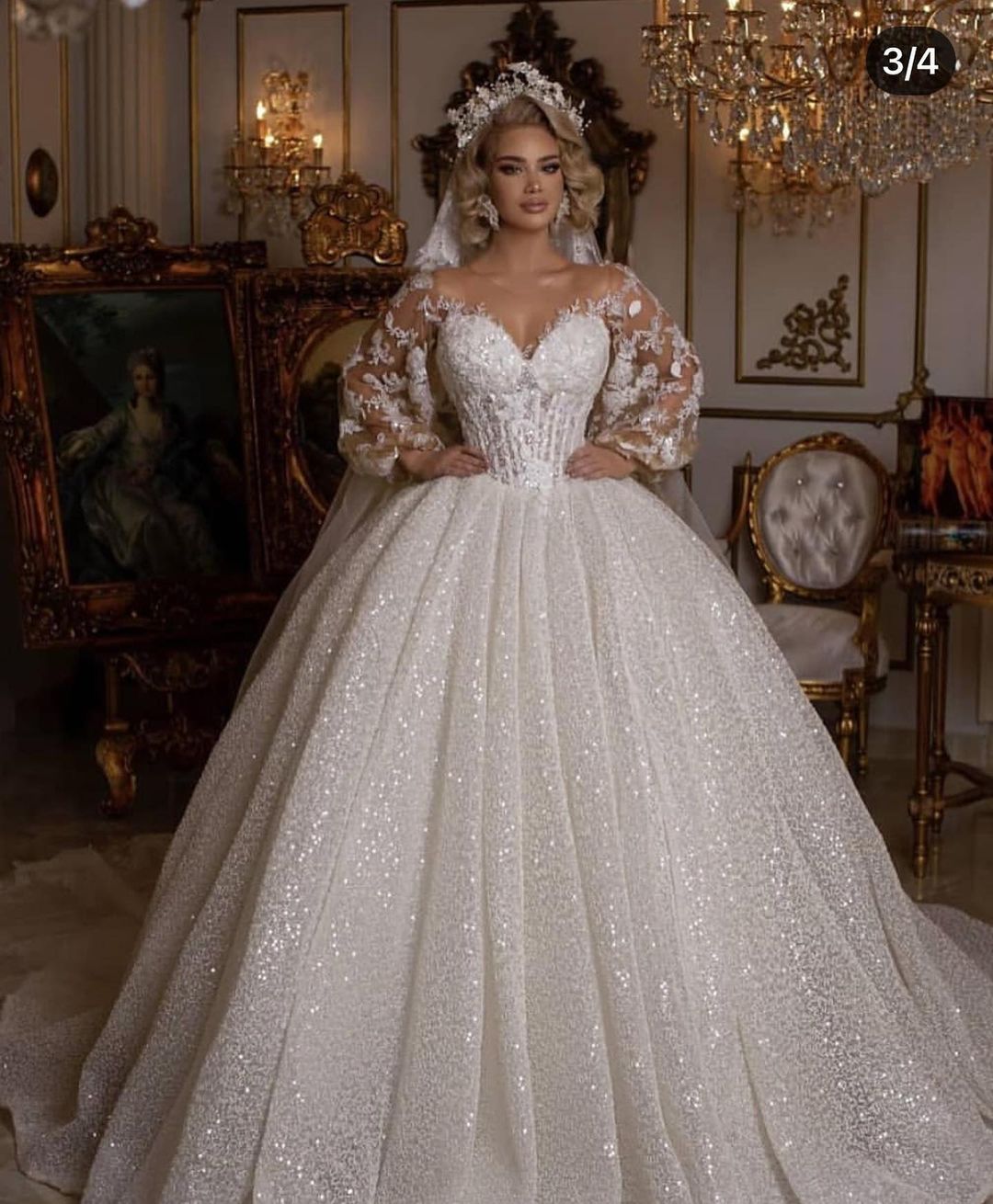 Luxury Long Ball Gown Wedding Dress With Puffy Sleeves and Appliques-Wedding Dresses-BallBride