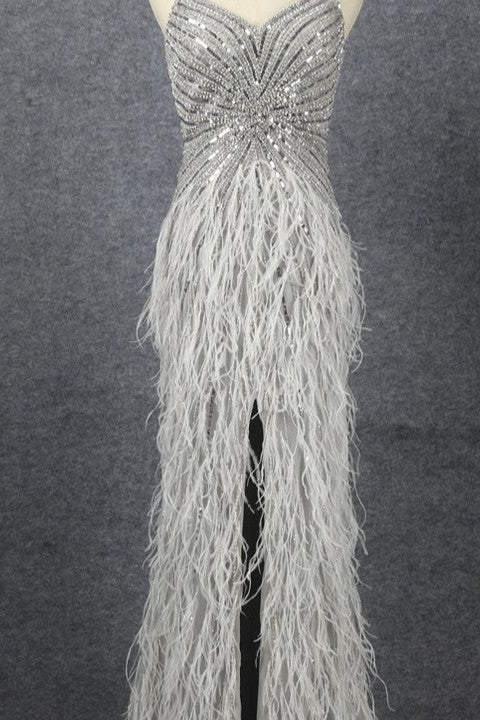 Luxury Sliver Mermaid Spaghetti Strap Prom Dress with Split Sleeveless and Feathers Beading-BallBride