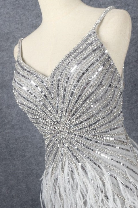 Luxury Sliver Mermaid Spaghetti Strap Prom Dress with Split Sleeveless and Feathers Beading-BallBride