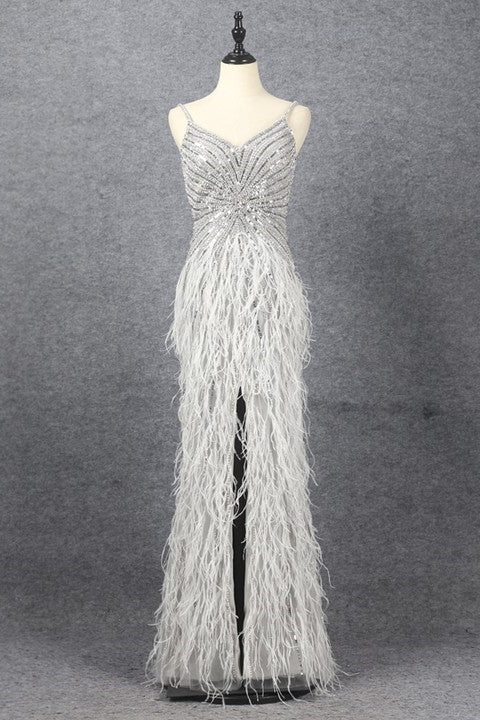 Luxury Sliver Mermaid Spaghetti Strap Prom Dress with Split Sleeveless and Feathers Beading-BallBride