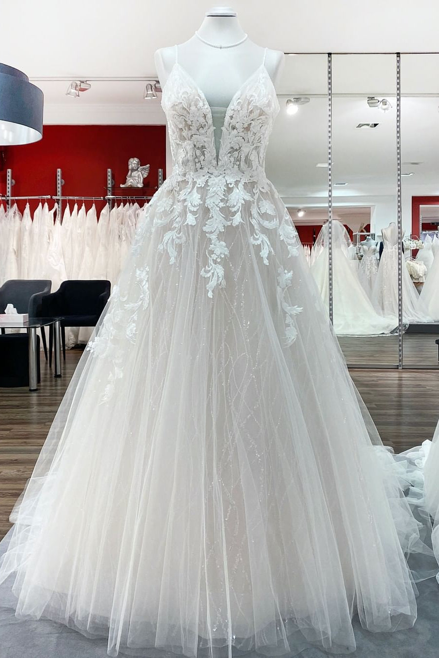 Luxury Tulle V-Neck Wedding Dress with Sequins Lace Appliques-Wedding Dresses-BallBride