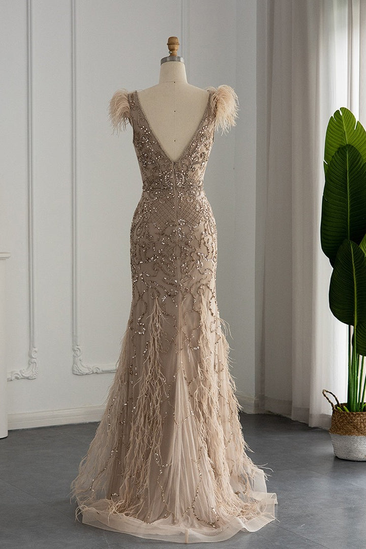 Luxury V Neck Mermaid Evening Dress with Feathers Appliques-Evening Dresses-BallBride