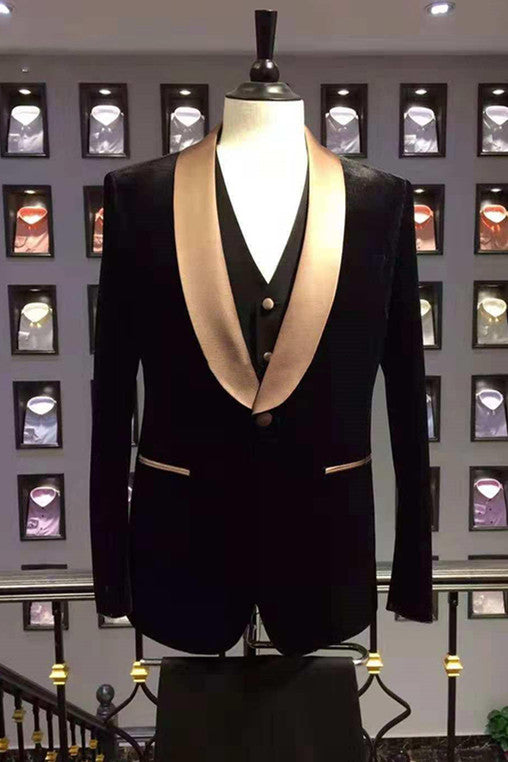 Men's Popular Black Wedding Suit With Champagne Shawl Lapel for the Party-Wedding Suits-BallBride
