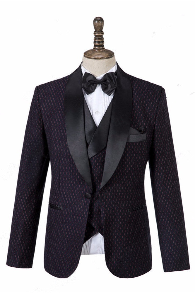 Men's Three-Piece Wedding Suit with Classic Black Shawl Lapel-Wedding Suits-BallBride