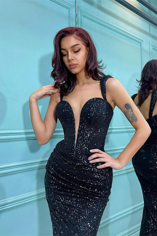 Mermaid Black Sequins Straps Prom Dress-BallBride