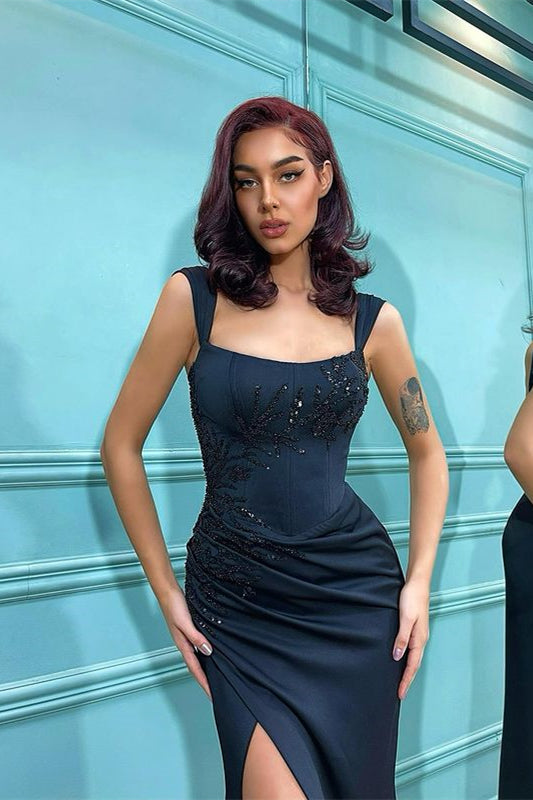 Mermaid Black Straps Prom Dress With Long Split-BallBride